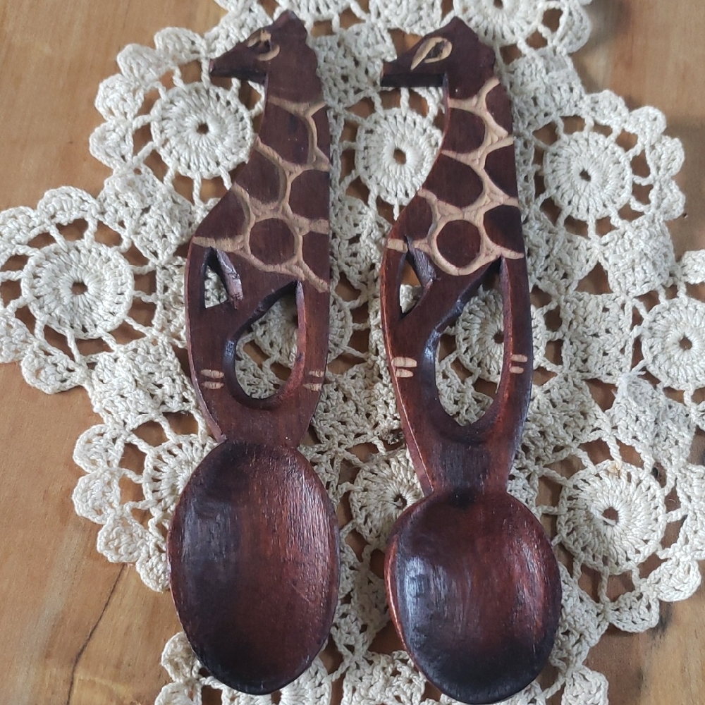 Hand-Carved Giraffe Wooden Serving Spoons - Set of Two